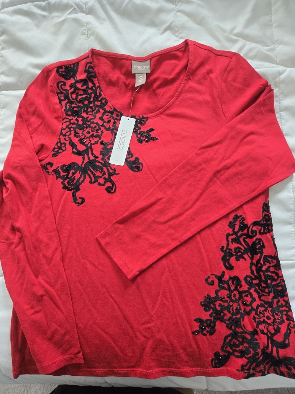 Chico's Bright Red Long-Sleeve Tee with Black Floral Print